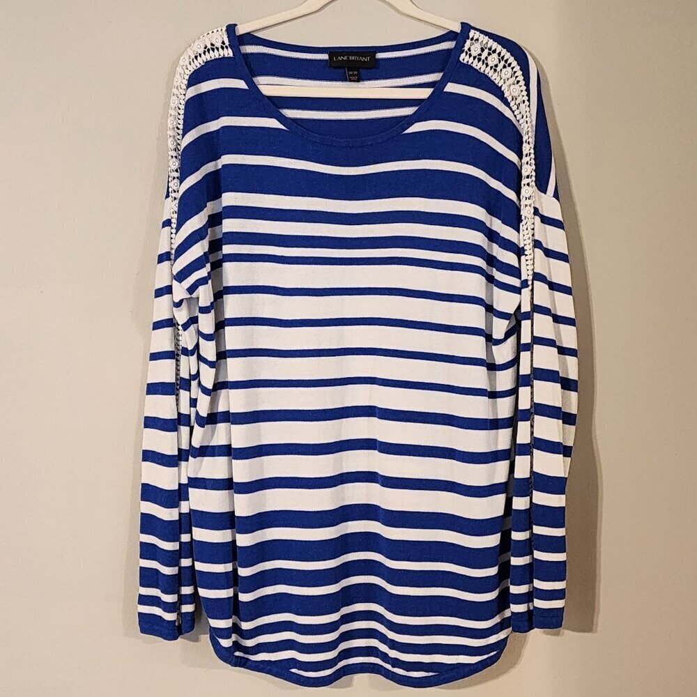 Lane Bryant women plus 18-20 blue white stripe sweater lace detail sleeve